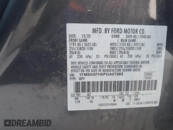 2023 Ford Explorer Limited with VIN 1FMSK8FH6PGA07885, listed as a Copart auction lot 62763265 with 36,315 mi miles and Clean title. Bid and sale history available at DreamBid. Image 14.
