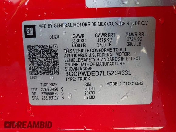 2020 Chevrolet Silverado 1500 RST with VIN 3GCPWDED7LG234331, listed as a IAAI auction lot 41581475 with 74,081 mi miles and . Bid and sale history available at DreamBid. Image 9.