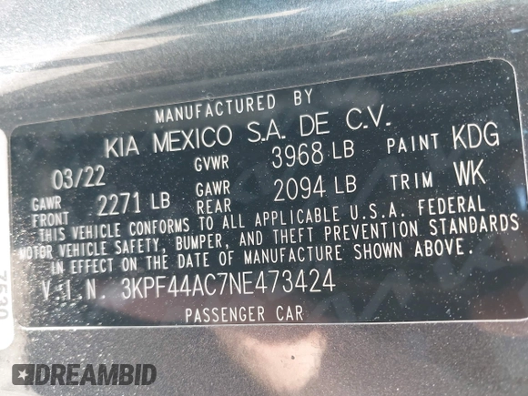 2022 Kia Forte GT with VIN 3KPF44AC7NE473424, listed as a IAAI auction lot 42003311 with 58,888 mi miles. Bid and sale history available at carsss.com. Image 9.
