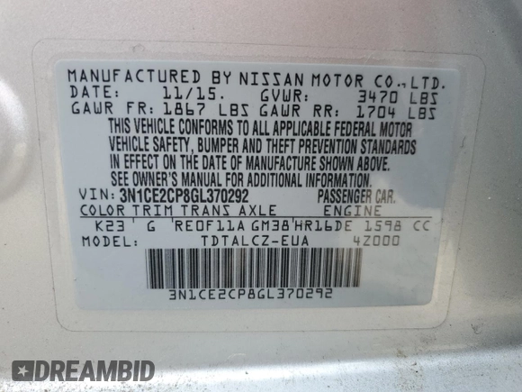 2016 Nissan Note SL z VIN 3N1CE2CP8GL370292, wystawiony jako Copart lot #52624075 z przebiegiem 94 195 mil mil oraz Szkoda całkowita • Salvage title. Historia ofert i sprzedaży dostępna na DreamBid. Obrazek 14.