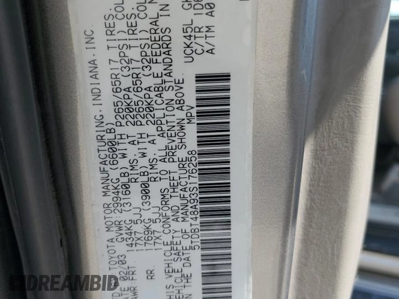 2003 Toyota Sequoia Limited with VIN 5TDBT48A93S176258, listed as a Copart auction lot 80664124 with 195,767 mi miles and Non Repairable. Bid and sale history available at DreamBid. Image 15.