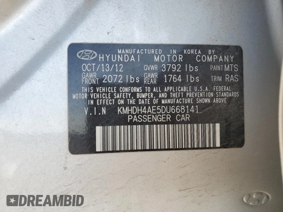2013 Hyundai Elantra GLS z VIN KMHDH4AE5DU668141, wystawiony jako Copart lot #54221935 z przebiegiem 185 285 mil mil oraz Szkoda całkowita • Salvage title. Historia ofert i sprzedaży dostępna na DreamBid. Obrazek 12.