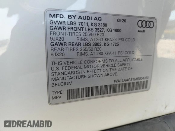 2021 Audi e-tron Premium Plus with VIN WA1LAAGE1MB004760, listed as a Copart auction lot 52986445 with 33,391 mi miles and Salvage Title. Bid and sale history available at carsss.com. Image 13.