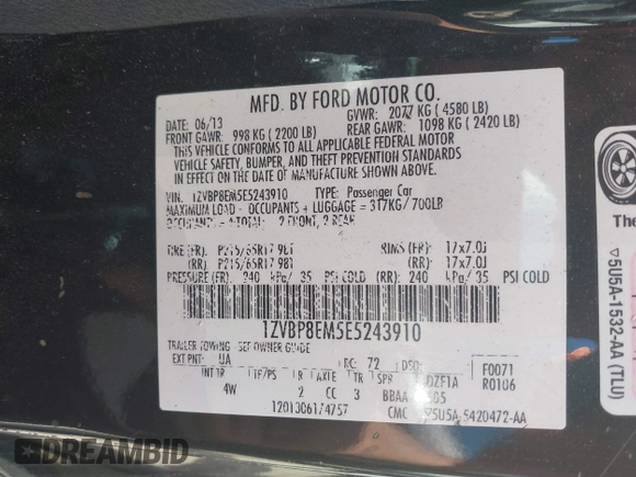 2014 Ford Mustang V6 с VIN 1ZVBP8EM5E5243910, выставлен на аукционе IAAI как лот 42648737 с пробегом 251 987 миль миль и . История ставок и продаж доступна на DreamBid. Изображение 9.