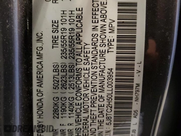 2020 Acura RDX Technology with VIN 5J8TC2H50LL003954, listed as a Copart auction lot 42628915 with 28,965 mi miles and Salvage title. Bid and sale history available at DreamBid. Image 12.