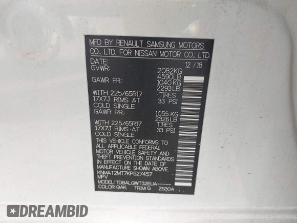 2019 Nissan Rogue SV with VIN KNMAT2MT7KP527457, listed as a IAAI auction lot 40711047 with 88,952 mi miles and . Bid and sale history available at DreamBid. Image 9.