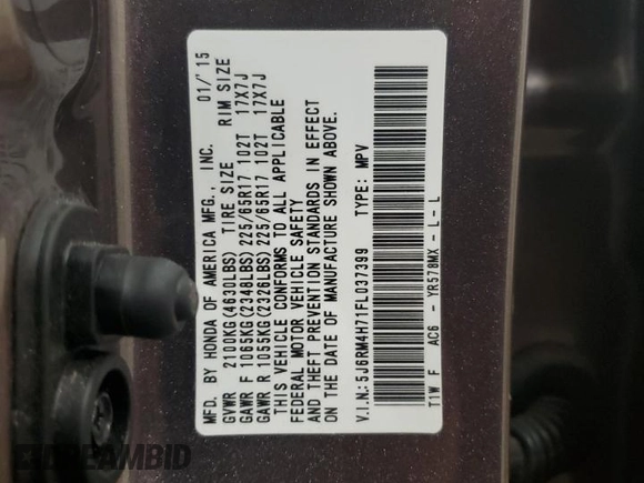2015 Honda CR-V EX-L with VIN 5J6RM4H71FL037399, listed as a Copart auction lot 51581345 with 100,920 mi miles and Salvage Title. Bid and sale history available at carsss.com. Image 13.