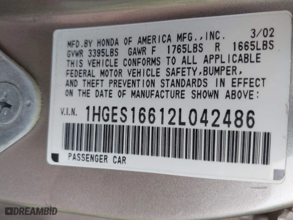 2002 Honda Civic LX with VIN 1HGES16612L042486, listed as a IAAI auction lot 41908839 with 1 mi miles. Bid and sale history available at carsss.com. Image 9.