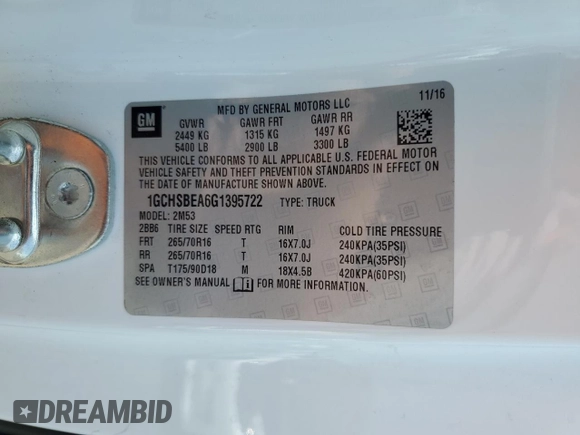 2016 Chevrolet Colorado 2WD WT with VIN 1GCHSBEA6G1395722, listed as a Copart auction lot 60153335 with 118,361 mi miles and Salvage title. Bid and sale history available at DreamBid. Image 12.