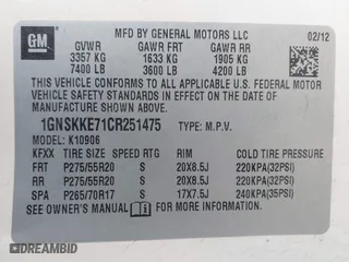 2012 Chevrolet Suburban LTZ with VIN 1GNSKKE71CR251475, listed as a IAAI auction lot 41276204 with 241,316 mi miles. Bid and sale history available at carsss.com. Image 9.
