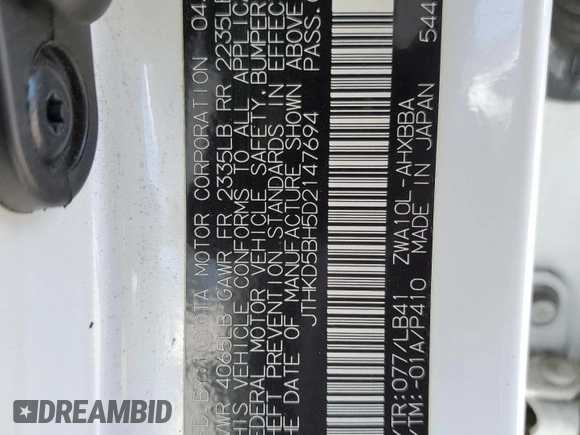 2013 Lexus CT 200h with VIN JTHKD5BH5D2147694, listed as a Copart auction lot 54214975 with 101,550 mi miles and Salvage title. Bid and sale history available at DreamBid. Image 12.
