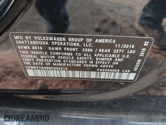 2017 Volkswagen Passat SE with VIN 1VWBT7A39HC032213, listed as a IAAI auction lot 42334358 with 99,277 mi miles and . Bid and sale history available at DreamBid. Image 9.