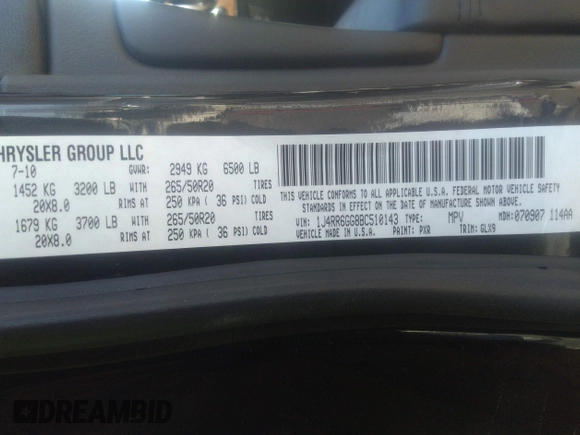 2011 Jeep Grand Cherokee Overland with VIN 1J4RR6GG8BC510143, listed as a IAAI auction lot 41329967 with 195,450 mi miles and . Bid and sale history available at DreamBid. Image 9.