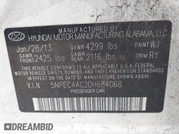 2013 Hyundai Sonata Limited with VIN 5NPEC4AC2DH684068, listed as a IAAI auction lot 41899879 with 151,585 mi miles and . Bid and sale history available at DreamBid. Image 9.