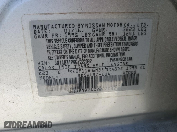 2016 Nissan Sentra SV with VIN 3N1AB7AP6GY222032, listed as a Copart auction lot 52602435 with 32,131 mi miles and Salvage Title. Bid and sale history available at DreamBid. Image 13.
