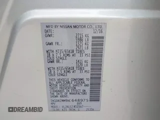 2017 Nissan Pathfinder SV with VIN 5N1DR2MM9HC648975, listed as a IAAI auction lot 42042921 with 125,057 mi miles. Bid and sale history available at carsss.com. Image 9.