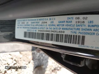 2003 Volkswagen Jetta GLS с VIN 3VWSE69M03M051659, выставлен на аукционе IAAI как лот 42434655 с пробегом Не указан миль и . История ставок и продаж доступна на DreamBid. Изображение 9.