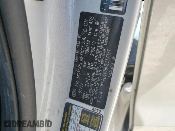 2017 Kia Forte S with VIN 3KPFL4A76HE117377, listed as a Copart auction lot 47754725 with 101,836 mi miles and Salvage Title. Bid and sale history available at DreamBid. Image 12.