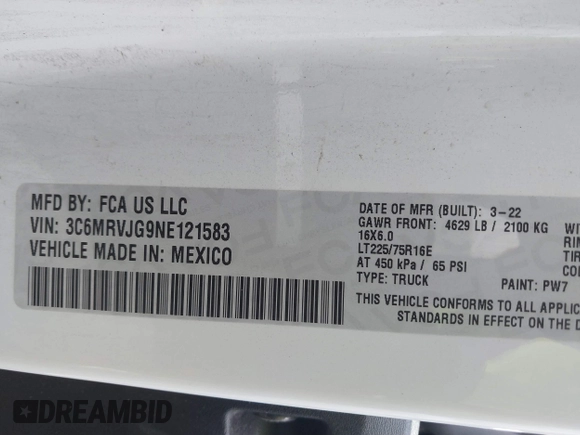 2022 Ram ProMaster Cargo with VIN 3C6MRVJG9NE121583, listed as a IAAI auction lot 41646097 with 67,468 mi miles and . Bid and sale history available at DreamBid. Image 9.