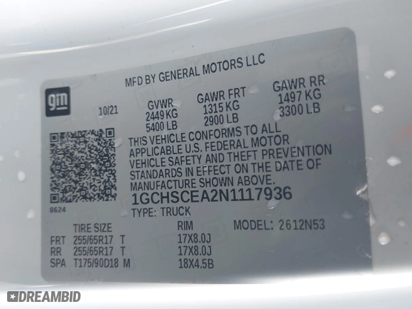 2022 Chevrolet Colorado 2WD LT with VIN 1GCHSCEA2N1117936, listed as a IAAI auction lot 41922876 with 34,537 mi miles. Bid and sale history available at carsss.com. Image 9.