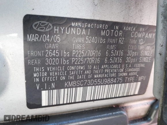 2005 Hyundai Santa Fe GLS with VIN KM8SC73D55U988475, listed as a IAAI auction lot 41779224 with 161,623 mi miles. Bid and sale history available at carsss.com. Image 9.
