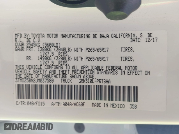 2018 Toyota Tacoma SR5 with VIN 3TMDZ5BN2JM037580, listed as a IAAI auction lot 42248418 with 35,661 mi miles and . Bid and sale history available at DreamBid. Image 9.
