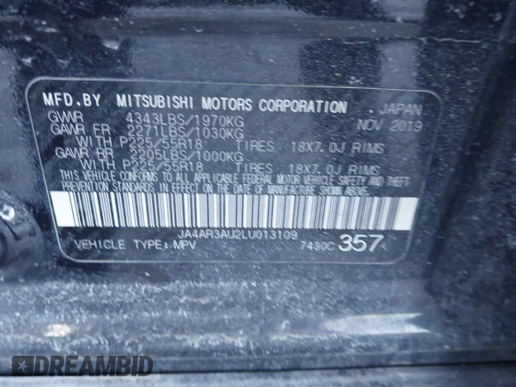 2020 Mitsubishi Outlander Sport ES 2.0 with VIN JA4AR3AU2LU013109, listed as a IAAI auction lot 41406494 with 160,936 mi miles. Bid and sale history available at carsss.com. Image 9.