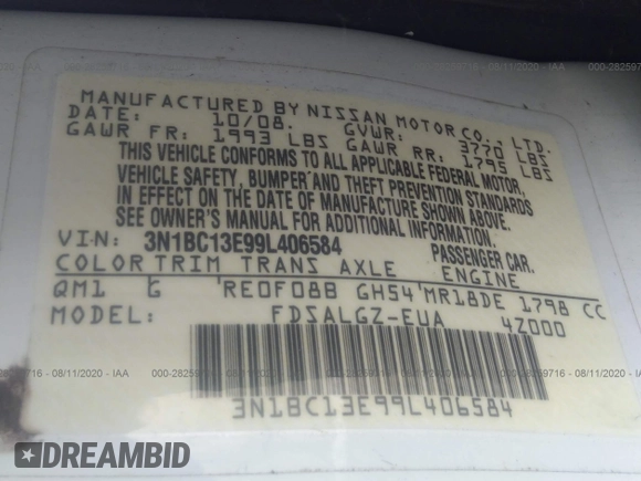 2009 Nissan Versa 1.8 S with VIN 3N1BC13E99L406584, listed as a IAAI auction lot 41687026 with 107,454 mi miles. Bid and sale history available at carsss.com. Image 9.