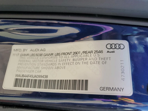 2018 Audi S4 Premium Plus with VIN WAUB4AF49JA099438, listed as a Copart auction lot 54711943 with 80,603 mi miles. Bid and sale history available at carsss.com. Image 12.