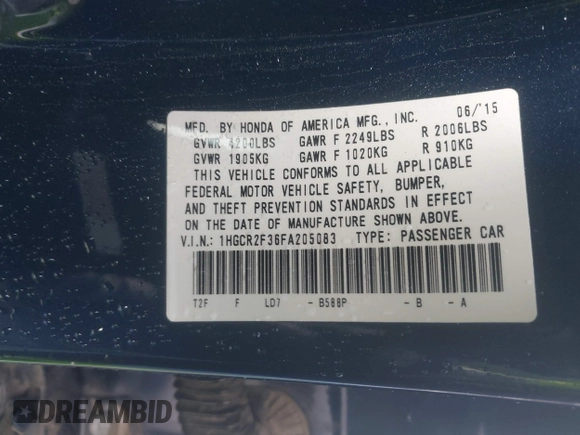 2015 Honda Accord LX with VIN 1HGCR2F36FA205083, listed as a IAAI auction lot 41932005 with 75,509 mi miles and . Bid and sale history available at DreamBid. Image 9.