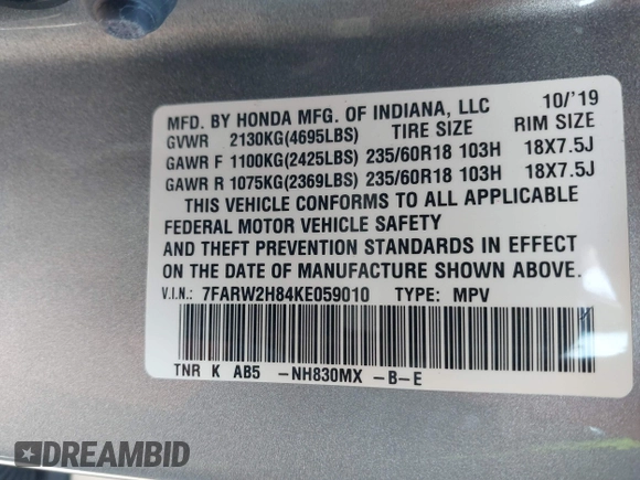 2019 Honda CR-V EX-L with VIN 7FARW2H84KE059010, listed as a IAAI auction lot 41971966 with 52,075 mi miles and . Bid and sale history available at carsss.com. Image 9.