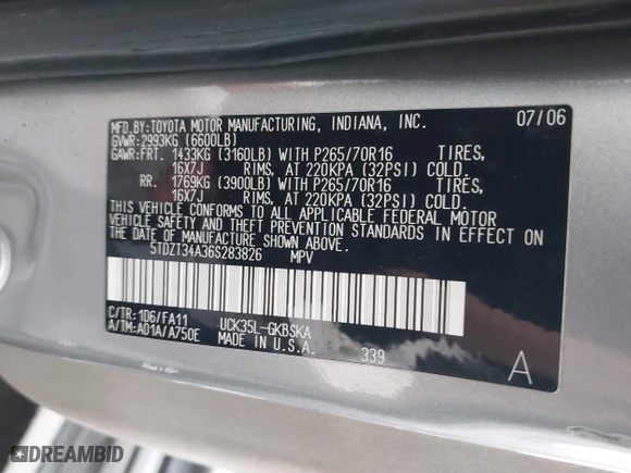 2006 Toyota Sequoia SR5 with VIN 5TDZT34A36S283826, listed as a IAAI auction lot 41724243 with 147,787 mi miles. Bid and sale history available at carsss.com. Image 9.