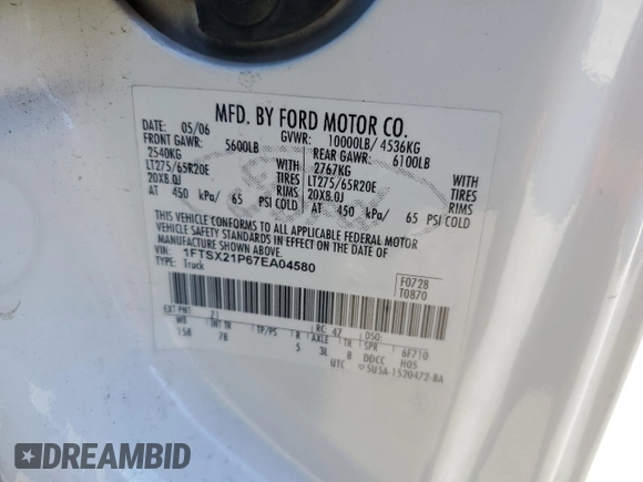 2007 Ford F-250 XL with VIN 1FTSX21P67EA04580, listed as a Copart auction lot 83778264 with 166,015 mi miles and Salvage Title. Bid and sale history available at DreamBid. Image 14.