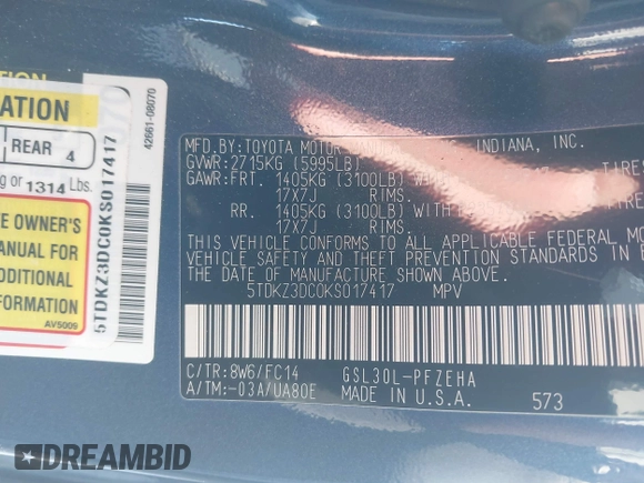 2019 Toyota Sienna LE Auto Access Seat with VIN 5TDKZ3DC0KS017417, listed as a IAAI auction lot 41559267 with 67,974 mi miles and . Bid and sale history available at DreamBid. Image 9.