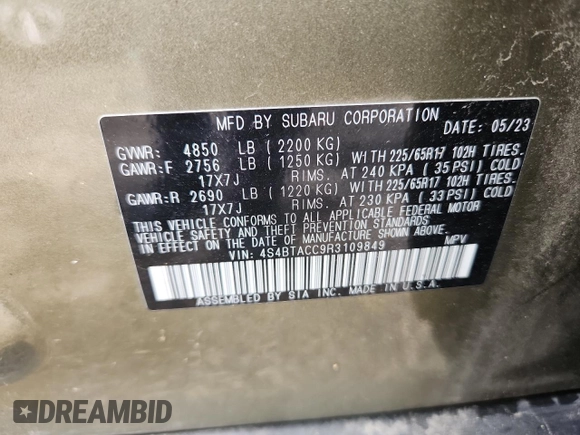 2024 Subaru Outback Premium with VIN 4S4BTACC9R3109849, listed as a Copart auction lot 61775555 with 29,325 mi miles and Salvage title. Bid and sale history available at DreamBid. Image 13.
