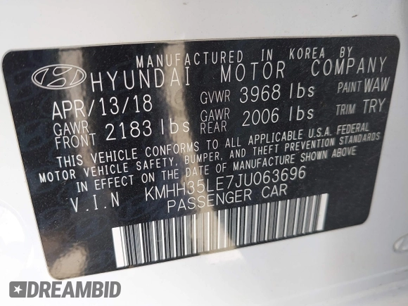 2018 Hyundai Elantra with VIN KMHH35LE7JU063696, listed as a IAAI auction lot 41839554 with 115,835 mi miles and . Bid and sale history available at DreamBid. Image 9.