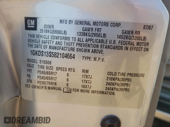 2008 GMC Envoy SLE2 with VIN 1GKDS13S582104664, listed as a Copart auction lot 72690804 with 162,540 mi miles and Salvage Title. Bid and sale history available at carsss.com. Image 15.