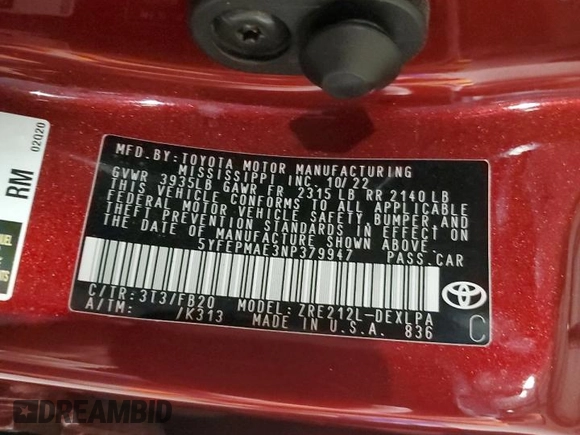 2022 Toyota Corolla LE with VIN 5YFEPMAE3NP379947, listed as a Copart auction lot 86483564 with 111,695 mi miles and Non Repairable. Bid and sale history available at DreamBid. Image 13.