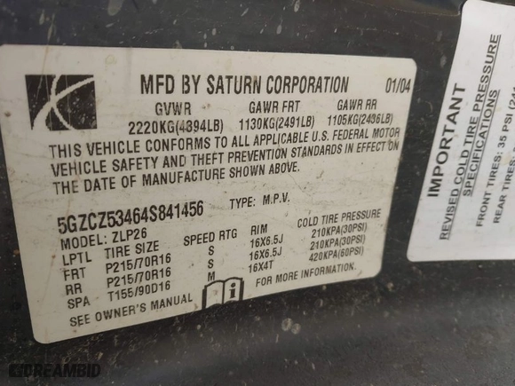2004 Saturn VUE V6 with VIN 5GZCZ53464S841456, listed as a IAAI auction lot 41454454 with 104,864 mi miles. Bid and sale history available at carsss.com. Image 9.