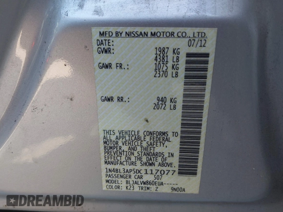 2013 Nissan Altima SL with VIN 1N4BL3AP5DC117077, listed as a IAAI auction lot 40982046 with 141,962 mi miles and . Bid and sale history available at DreamBid. Image 9.