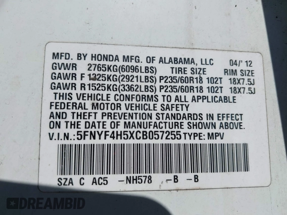 2012 Honda Pilot EX-L with VIN 5FNYF4H5XCB057255, listed as a IAAI auction lot 42001389 with 187,200 mi miles and . Bid and sale history available at DreamBid. Image 9.