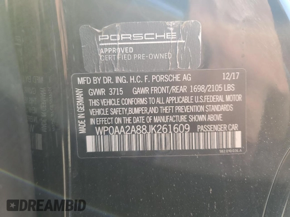 2018 Porsche 718 Cayman z VIN WP0AA2A88JK261609, wystawiony jako Copart lot #77961894 z przebiegiem Nie podano mil oraz Nie do naprawy • Non repairable. Historia ofert i sprzedaży dostępna na DreamBid. Obrazek 13.