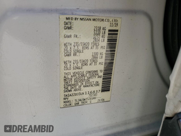 2020 Nissan Murano Platinum с VIN 5N1AZ2DJ3LN116837, выставлен на аукционе Copart как лот 46962105 с пробегом 70 097 миль миль и Списание • Salvage title. История ставок и продаж доступна на DreamBid. Изображение 15.