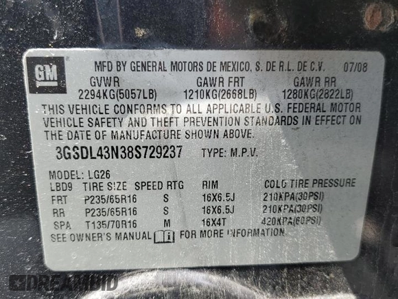 2008 Saturn VUE XE with VIN 3GSDL43N38S729237, listed as a Copart auction lot 52702794 with 201,510 mi miles and Non Repairable. Bid and sale history available at DreamBid. Image 12.