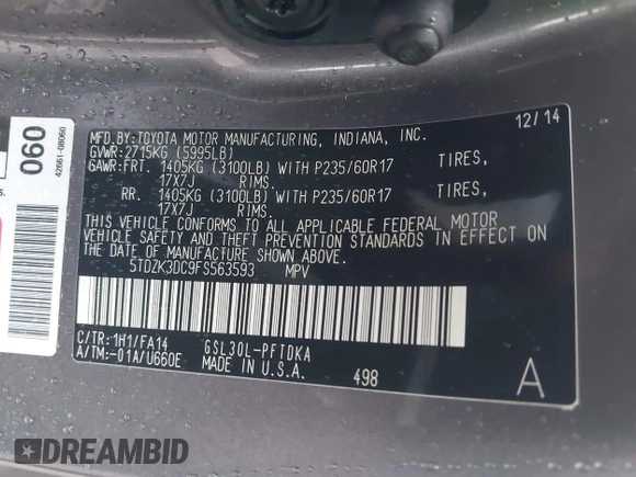 2015 Toyota Sienna L with VIN 5TDZK3DC9FS563593, listed as a IAAI auction lot 41466419 with 136,394 mi miles and . Bid and sale history available at DreamBid. Image 9.