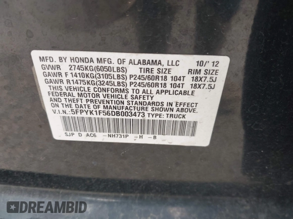 2013 Honda Ridgeline RTL with VIN 5FPYK1F56DB003473, listed as a IAAI auction lot 42101963 with 170,375 mi miles and . Bid and sale history available at DreamBid. Image 9.