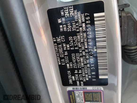 2024 Kia Sorento X-Line SX Prestige with VIN 5XYRKDJF4RG259867, listed as a Copart auction lot 57043525 with 17,685 mi miles and Salvage title. Bid and sale history available at DreamBid. Image 13.