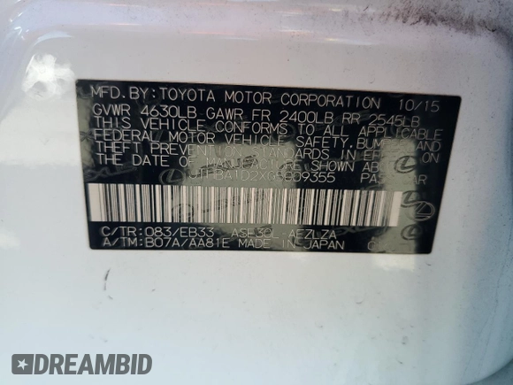 2016 Lexus IS 200t with VIN JTHBA1D2XG5009355, listed as a Copart auction lot 57409145 with 79,531 mi miles and Salvage title. Bid and sale history available at DreamBid. Image 13.