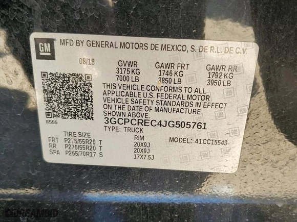 2018 Chevrolet Silverado 1500 LT with VIN 3GCPCREC4JG505761, listed as a Copart auction lot 52048615 with 87,086 mi miles and Salvage Title. Bid and sale history available at carsss.com. Image 12.
