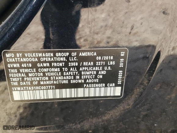 2017 Volkswagen Passat 1.8T S with VIN 1VWAT7A31HC007771, listed as a Copart auction lot 54055165 with 167,386 mi miles and Clean Title. Bid and sale history available at carsss.com. Image 12.